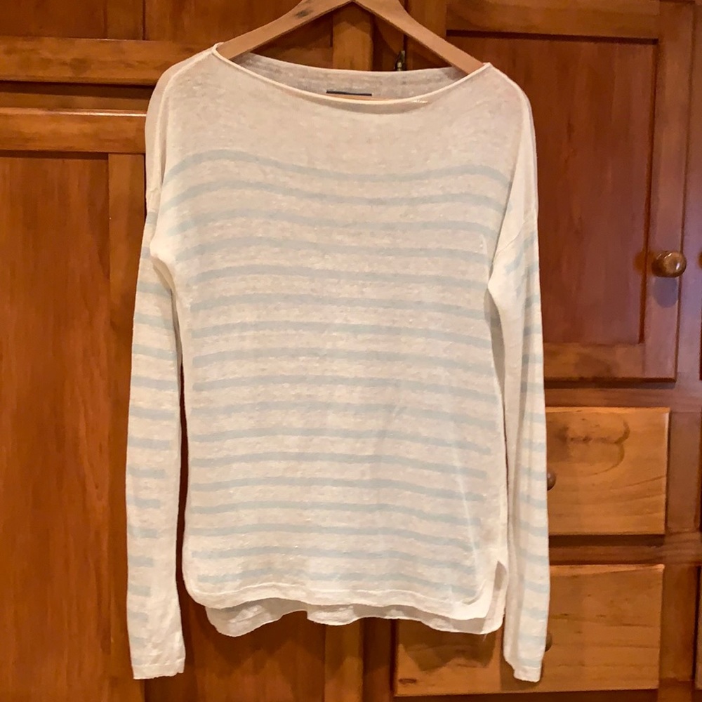 Vince Soft White and Mint Green Stripe Long Sleeve Boatneck Linen T-Shirt